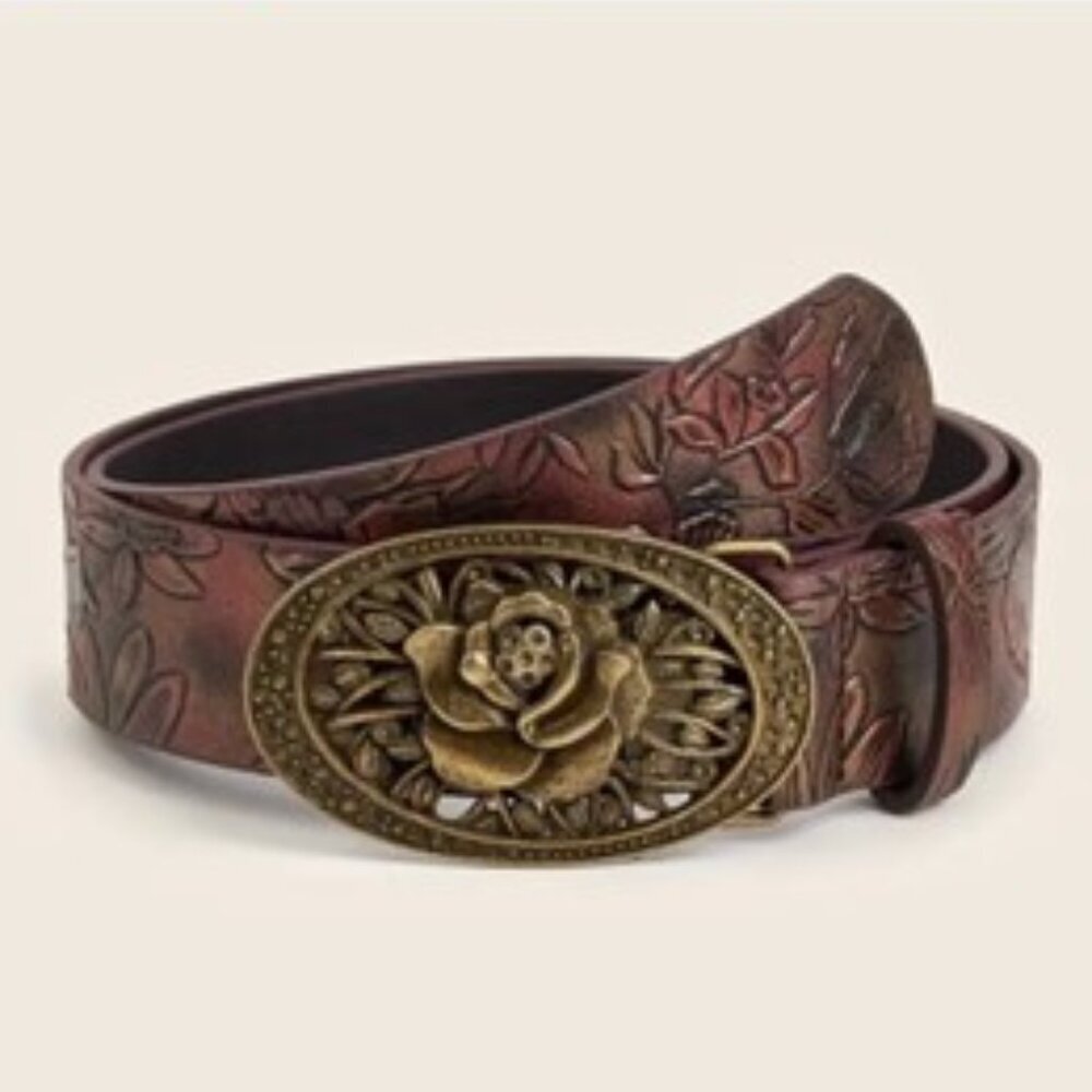 Rose Gold Tone Buckle Rose Color Metallic Pleather 38" Belt